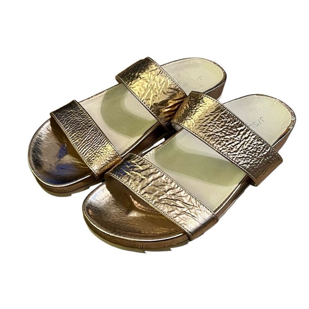 J Slides Edie Gold Metallic Crackle Leather Sandals Comfort Slide Rubber 7.5